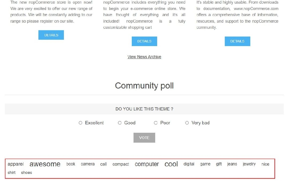 Product tag cloud on the homepage